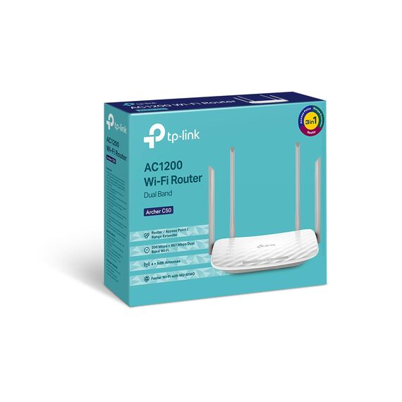 TP-Link Archer C50 AC1200 Dualband WLAN Wireless WiFi Router(Unterstützt Keine DSL-Funktion, 300 Mbit/s(2.4GHz)+867 Mbit/s(5GHz), App Steuerung, IPv6, USB 2.0, Print/Media/FTP Server)