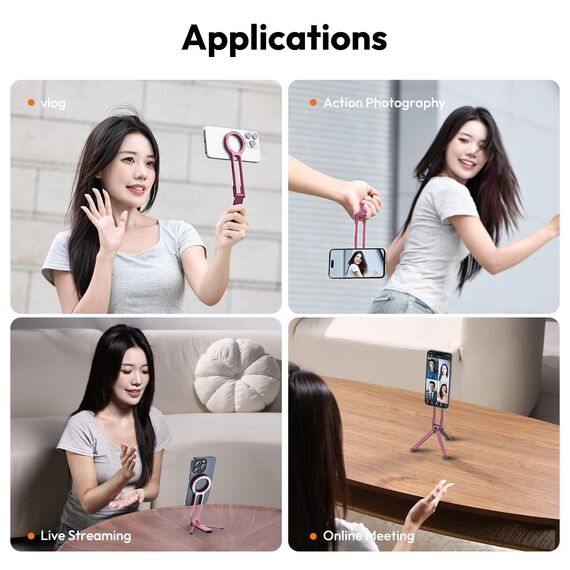 ULANZI MA30 Magnetisches Handy-Stativ Aluminium, Karabinerförmige Smartphone-Tasche, Mini Selfie Stick Portable, Faltbar Ständer, Schnellhalterung Tripod fur iPhone 16, 15, 14, 13, 12, Rosa