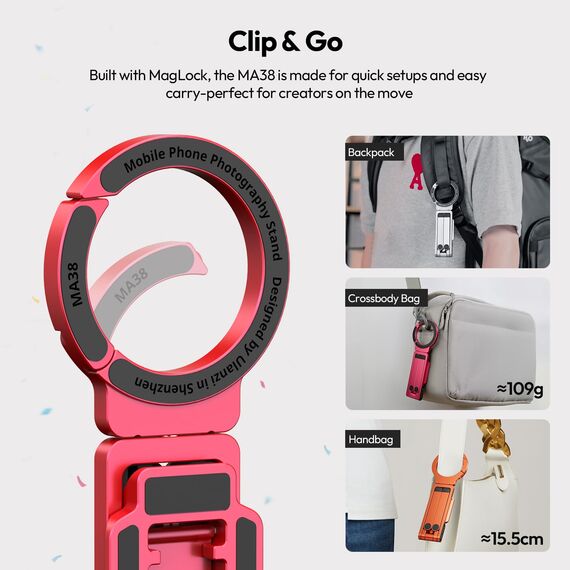 ULANZI MA38 Magnetisches Handy-Stativ Aluminium, Karabiner Förmige Maglock, Faltbar Ständer Smartphone, Doppelmagnet Tripod, Mini Selfie Stick kompatibel mit iPhone 17 16 15 14 13 12 Magsafe Rot