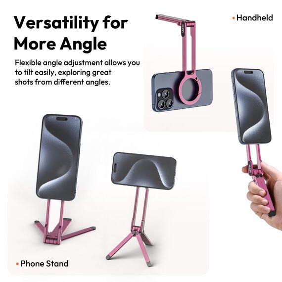 ULANZI MA30 Magnetisches Handy-Stativ Aluminium, Karabinerförmige Smartphone-Tasche, Mini Selfie Stick Portable, Faltbar Ständer, Schnellhalterung Tripod fur iPhone 16, 15, 14, 13, 12, Rosa