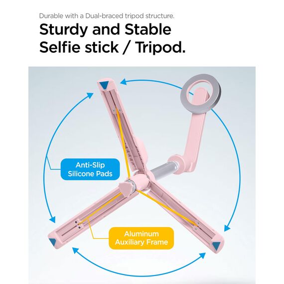 Spigen MagSafe Selfie Stick Stativ [Wondersnap] [MagFit-Technologie & Bluetooth-Fernbedienung] Tripod kompatibel mit iPhone 16/15/14/13 Serien, Galaxy S25/S24/S23 und Allen Smartphones - Peach Pink
