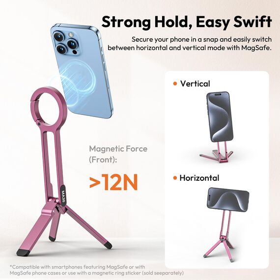 ULANZI MA30 Magnetisches Handy-Stativ Aluminium, Karabinerförmige Smartphone-Tasche, Mini Selfie Stick Portable, Faltbar Ständer, Schnellhalterung Tripod fur iPhone 16, 15, 14, 13, 12, Rosa