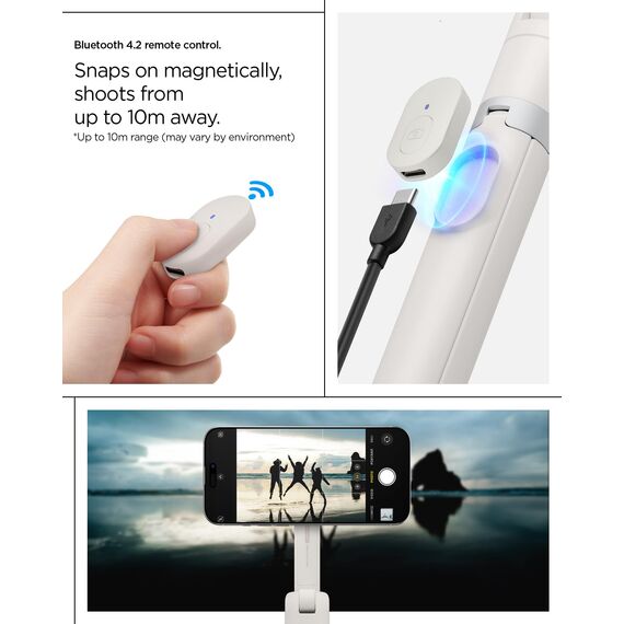 Spigen One Push Selfie Stick Stativ 168,5 cm [Auto-Öffnung & MagSafe] Bluetooth 4.2, mit Metallring & Schlaufe, kompatibel mit iPhone 16/15/14, Galaxy S25/S24/S23 & mehr - Dune Beige