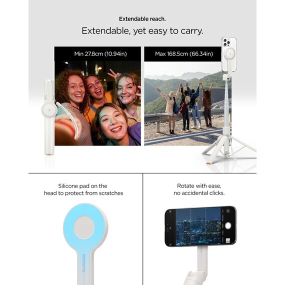 Spigen One Push Selfie Stick Stativ 168,5 cm [Auto-Öffnung & MagSafe] Bluetooth 4.2, mit Metallring & Schlaufe, kompatibel mit iPhone 16/15/14, Galaxy S25/S24/S23 & mehr - Dune Beige