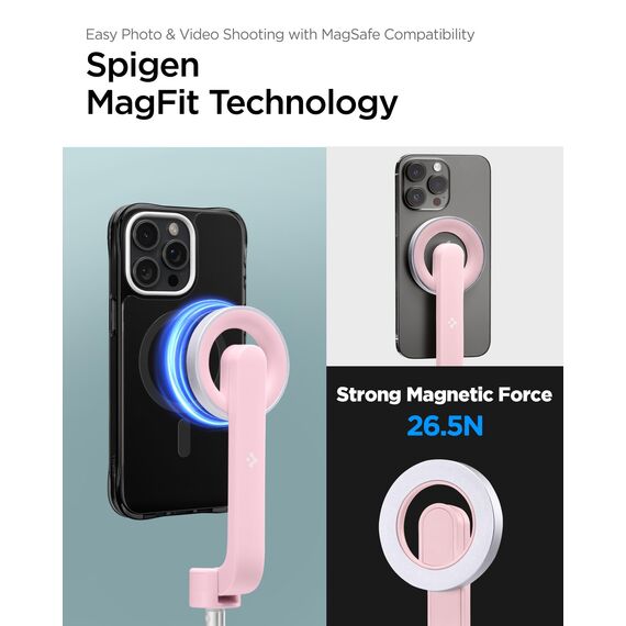 Spigen MagSafe Selfie Stick Stativ [Wondersnap] [MagFit-Technologie & Bluetooth-Fernbedienung] Tripod kompatibel mit iPhone 16/15/14/13 Serien, Galaxy S25/S24/S23 und Allen Smartphones - Peach Pink
