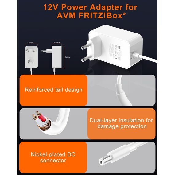 12V 3A Netzteil Ladegerät Kompatibel für AVM Fritz!Box 7690, 7590,7560, 7540, 7530, 7510, 7490, 7430, 7390, 6690, 6490,5590,5530...WLAN Router und Telekom Speedport Smart Steckernetzteil-weiß