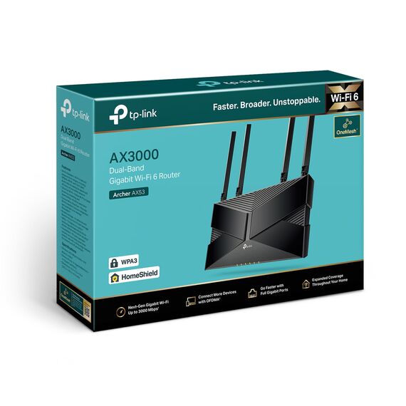 TP-Link Archer AX53 Wi-Fi 6 WLAN Router (2402 Mbit/s 5 GHz, 574 Mbit/s 2,4 GHz, 4 × Gigabit LAN-Ports, unterstützt Keine DSL-Funktion