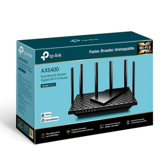 TP-Link Archer AX73 Wi-Fi 6 Gigabit WLAN Router (4804 Mbit/s 5 GHz, 574 Mbit/s 2,4 GHz, 4 × Gigabit LAN-Ports, 1 × USB 3.0 Port, HomeShield), Unterstützt Keine DSL-Funktion