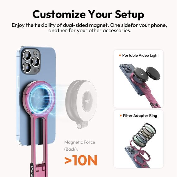 ULANZI MA30 Magnetisches Handy-Stativ Aluminium, Karabinerförmige Smartphone-Tasche, Mini Selfie Stick Portable, Faltbar Ständer, Schnellhalterung Tripod fur iPhone 16, 15, 14, 13, 12, Rosa