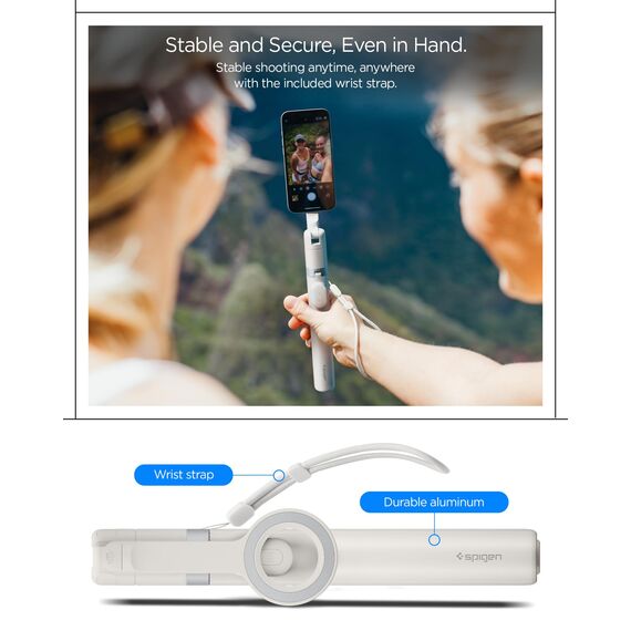Spigen Selfie Stick für iPhone & Samsung [360° Drehbar Premium All in One], 166,5 cm Stativ mit MagSafe Magnetischer Halterung, [Bluetooth-Fernbedienung], für alle Smartphones -Dune Beige