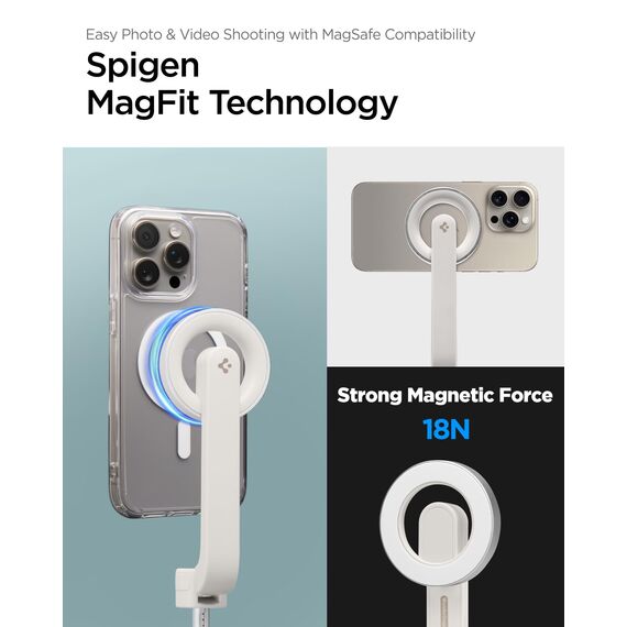 Spigen MagSafe Selfie Stick Stativ [Wondersnap] [MagFit-Technologie & Bluetooth-Fernbedienung] Tripod kompatibel mit iPhone 16/15/14/13 Serien, Galaxy S25/S24/S23 und Allen Smartphones - Dune Beige