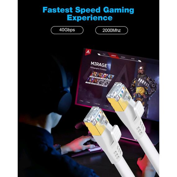 DDMALL Lan Kabel CAT8 5m, Hochgeschwindigkeit Ethernet Kabel 40Gbps 2000MHz Flaches Netzwerkkabel, Gigabit Patchkabel mit Vergoldetem RJ45-Stecker für Router, Modem, Gaming (5 Meter/Weiß)