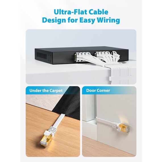 VOIETOLT Cat8 Lan Kabel 25M mit Clips, 40Gbps/2000MHz Flach Schirmung Hochgeschwindigkeit Netzwerkkabel, STP RJ45 Gigabit Cat-8 Ethernet Kabel für PS4/5, für Modem, für Router (weiß)