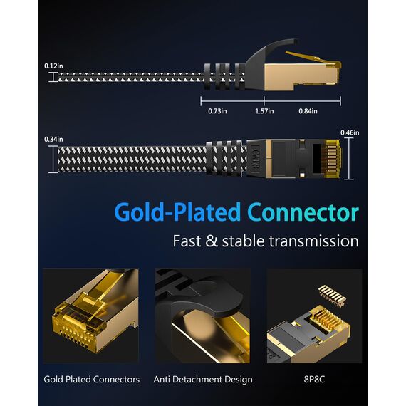 ARISKEEN Cat 8 Ethernet-Kabel 3Meter 2Stück, Cat8 Geflochten Flach Hochgeschwindigkeit (40Gbps 2000Mhz/s) Gigabit Rj45 STP Geschirmtes Internet Netzwerk Lan Patch Kabel Draht für Router Modem