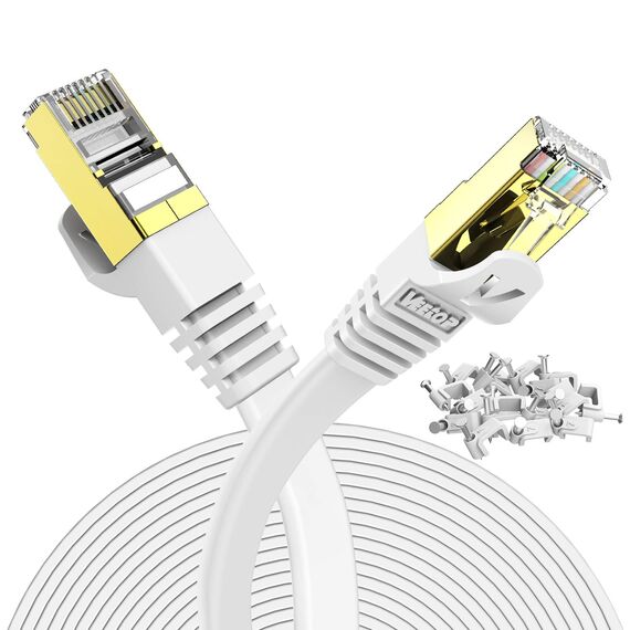 Veetop 25m Lan Kabel Cat 7 Netzwerkkabel Flach für 10 Gigabit Ethernet mit vergoldetem RJ45. Weiß