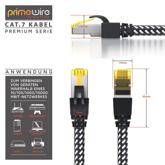 CSL - 30m CAT.7 Netzwerkkabel Gigabit Ethernet LAN Kabel 3 Meter, Baumwollmantel, 1Gbit Patchkabel, Cat 7 Rohkabel S FTP PIMF Schirmung mit RJ 45 Stecker, PC Switch Router Modem Access Point, Schwarz