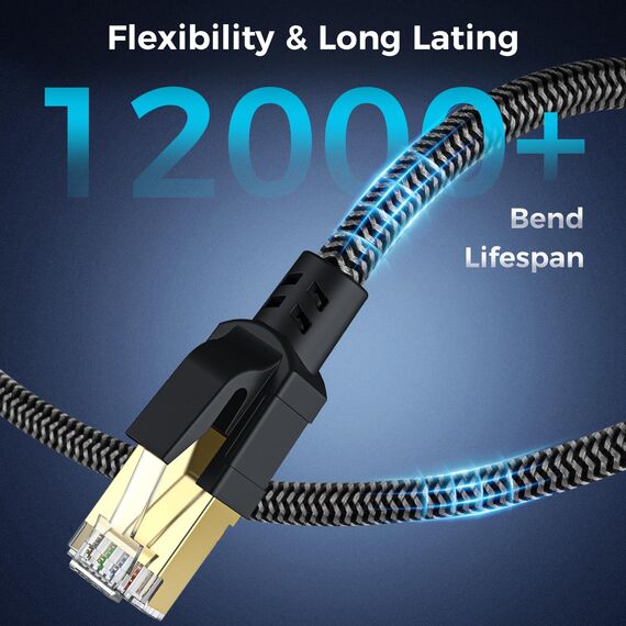 CABNEER Cat 8 Ethernet Kabel 40M, 40Gbps Netzwerkkabel Hochgeschwindigkeits 2000MHz Ethernet Kabel, Gigabit RJ45 Nylon Geflochtener LAN Kabel, Patchkabel für PS5/4 Router Modem