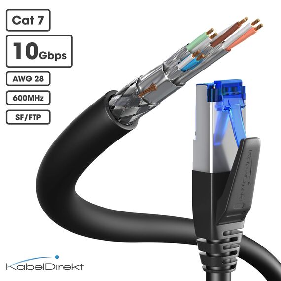 KabelDirekt – Cat 7 Netzwerkkabel, bruchfest – 1m – 10 Gigabit LAN Kabel & Ethernet Kabel, erhältlich in 0,25-30m (Patchkabel für Highspeed-Netzwerke, PC, Switch/Router/Modem, RJ45, schwarz)