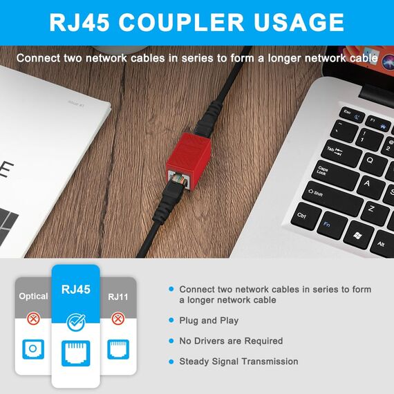AXFEE RJ45 Kupplung Cat7, 3 Stück CAT6 Kupplung Verbinder, Kabel Verlängerung, LAN Verbinder Netzwerkkabel, Ethernet Kabel Patchkabel für Cat 7 Cat6 Cat5 Cat5e, Rot