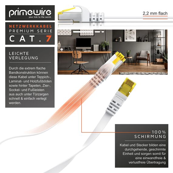 25m CAT 7 Netzwerkkabel Flach, Ethernet Kabel, Gigabit Lan 10 Gbit s, Patchkabel, Flachbandkabel, Verlegekabel, Cat.7 Rohkabel U FTP PIMF Schirmung mit RJ 45 Stecker, Switch Router Modem, Weiß