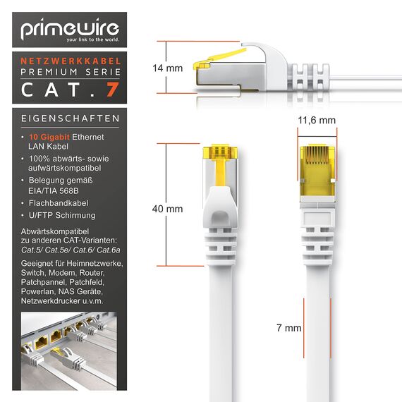 20m CAT 7 Netzwerkkabel Flach, Ethernet Kabel, Gigabit Lan 10 Gbit s, Patchkabel, Flachbandkabel, Verlegekabel, Cat.7 Rohkabel U FTP PIMF Schirmung mit RJ 45 Stecker, Switch Router Modem, Weiß