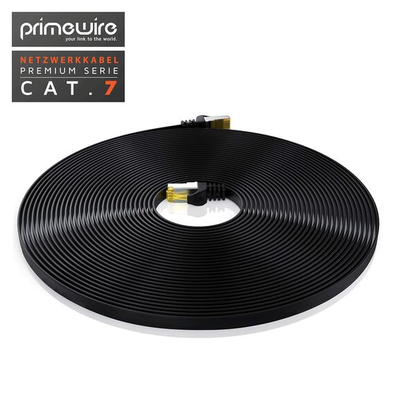 20m CAT 7 Netzwerkkabel Flach, Ethernet Kabel, Gigabit Lan 10 Gbit s, Patchkabel, Flachbandkabel, Verlegekabel, Cat.7 Rohkabel U FTP PIMF Schirmung mit RJ 45 Stecker, Switch Router Modem, Schwarz