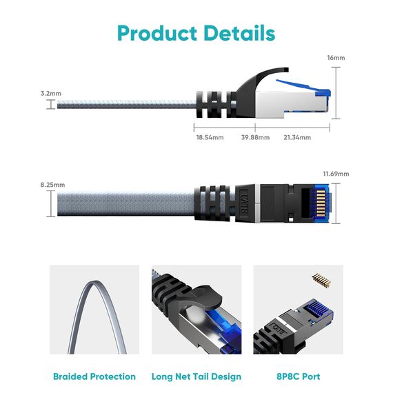 BUSOHE Cat 8 LAN Kabel 3 Meter, 40Gbps 2000MHz Ethernet Kabel Netzwerkkabel, Flach Hochgeschwindigkeits Gigabit RJ45 Patchkabel, Geflochtener Internetkabel Kompatibel mit PC, Router, Modem