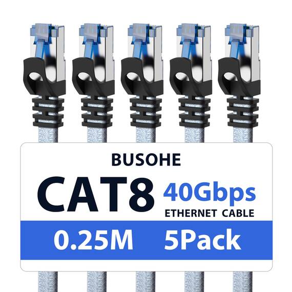 BUSOHE Cat 8 LAN Kabel 0,25m (5-Stück), 40Gbps 2000MHz Ethernet Kabel Netzwerkkabel, Flach Hochgeschwindigkeits Gigabit RJ45 Patchkabel, Geflochtener Internet Kabel Kompatibel mit PC, Router, Modem