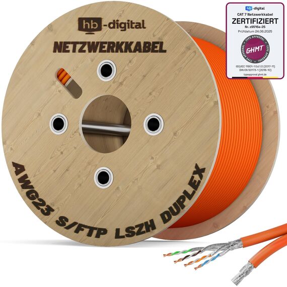 HB-DIGITAL 500m CAT 7 Netzwerkkabel LAN Kabel Verlegekabel Ethernet Installationskabel 10 Gbit/s - reines Kupfer AWG23 S/FTP - GHMT Zertifiziert LSZH Datenkabel Duplex - Orange