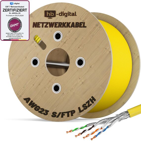 HB-DIGITAL 250m CAT 7 Netzwerkkabel LAN Kabel Verlegekabel Ethernet Installationskabel 10 Gbit/s - reines Kupfer AWG23 S/FTP - GHMT Zertifiziert LSZH Datenkabel Simplex - Gelb