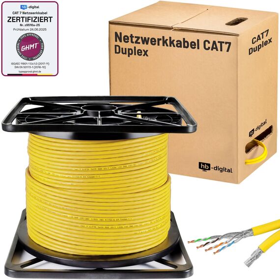 HB-DIGITAL 100m CAT 7 Netzwerkkabel LAN Kabel Verlegekabel Ethernet Installationskabel 10 Gbit/s - reines Kupfer AWG23 S/FTP - GHMT Zertifiziert LSZH Datenkabel Duplex - Gelb