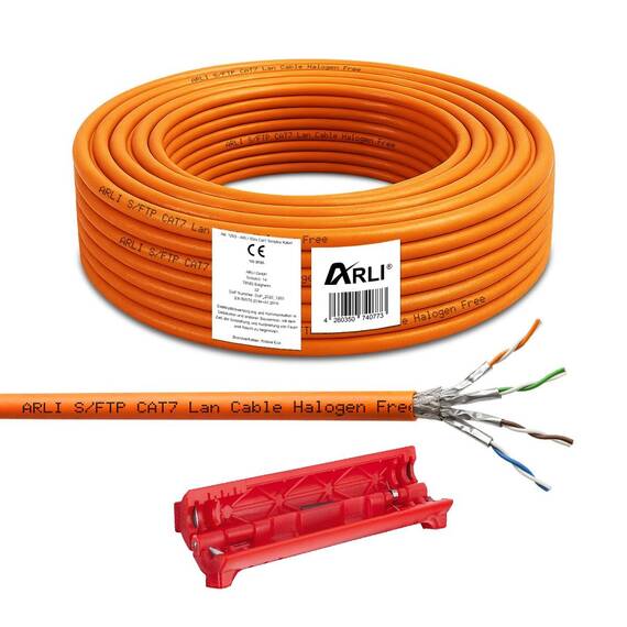 ARLI CAT 7 Verlegekabel 50m Netzwerkkabel inkl. Abisoliermesser CAT.7 LAN Halogenfrei Installationskabel SFTP S/FTP CAT7 PIMF Kabel Netzwerk Verkabelung Datenkabel AWG23/1 geschirmt Kupfer 50 m