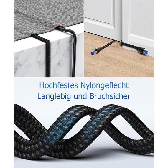Ethernet Kabel 15M, Cat 8 40Gbps 2000MHz Hochgeschwindigkeits Netzwerkkabel, Lang RJ45 Lan Kabel Gigabit Patchkabel, Flach Nylongeflecht Internet Kabel für Switch, PC, TV, Modem, Geschenk für Gamer