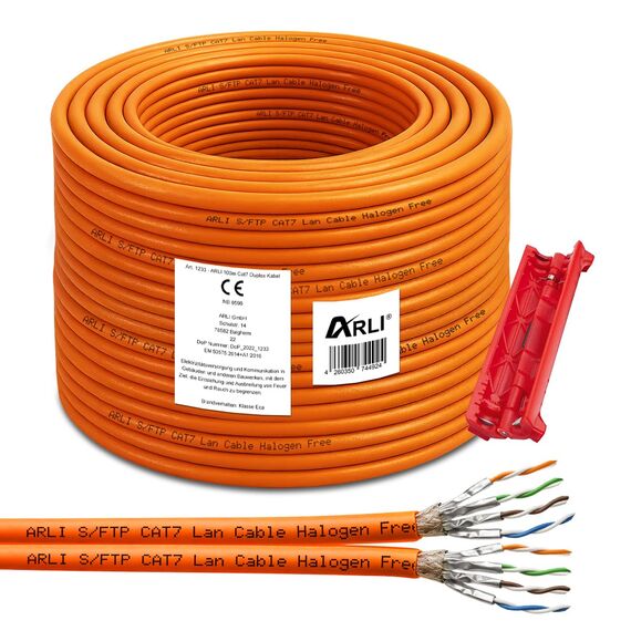 ARLI Cat7 Verlegekabel 100 m Netzwerkkabel duplex inkl Abisoliermesser CAT.7 LAN Halogenfrei Installationskabel twin SFTP CAT7 PIMF Kabel Netzwerk Verkabelung Datenkabel geschirmt AWG23/1 Kupfer 100m