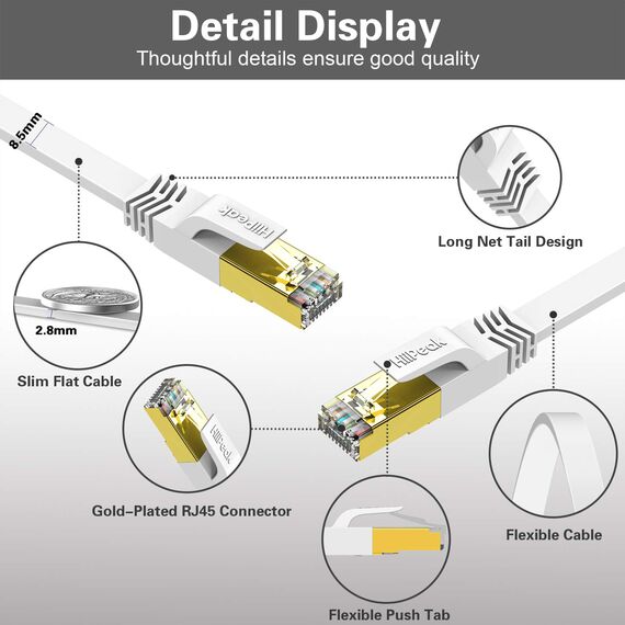 HiiPeak Cat 8 Netzwerkkabel 40 Gbits - 30m - Weiße Flache Ausgabe - LAN Kabel Patchkabel RJ45 - CAT8 Gigabit Ethernet Cable - 2000 MHz - Fur PS5/4, Xbox, TV, Switch, PC