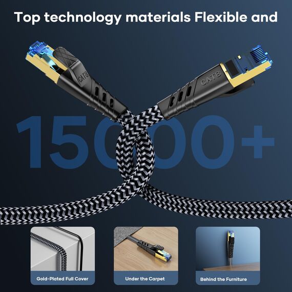 NORSHY Cat 8 LAN Kabel 5m, 40Gbps Netzwerkkabel 2000MHz Gigabit Hochgeschwindigkeits Internetkabel, Flach S/FTP RJ45 Kabel Geflochtener Patchkabel für PS5/PS4, Switch,TV, PC, Modem, Router