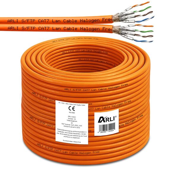 ARLI Cat7 Verlegekabel 100 m Netzwerkkabel duplex inkl Abisoliermesser CAT.7 LAN Halogenfrei Installationskabel twin SFTP CAT7 PIMF Kabel Netzwerk Verkabelung Datenkabel geschirmt AWG23/1 Kupfer 100m