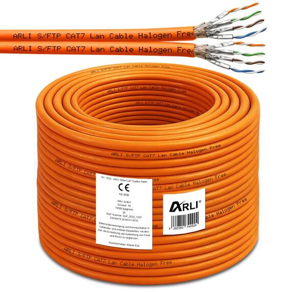 ARLI CAT 7 Verlegekabel duplex 100m Netzwerkkabel CAT.7 twin LAN Halogenfrei Installationskabel SFTP CAT7 PIMF Kabel Netzwerk Verkabelung Datenkabel AWG23/1 Gigabit Kupfer Ethernet Klasse F 100 m