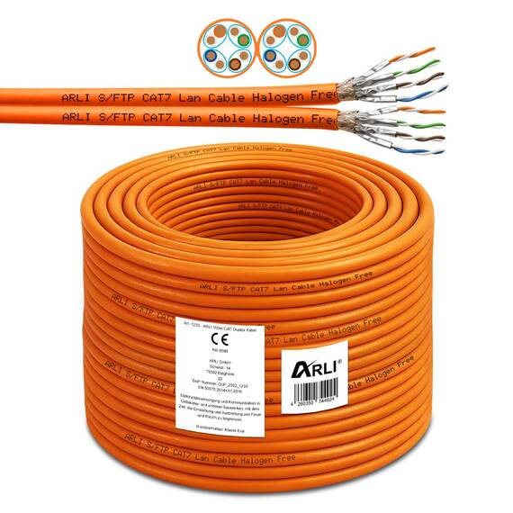 ARLI CAT 7 Verlegekabel duplex 100m Netzwerkkabel CAT.7 twin LAN Halogenfrei Installationskabel SFTP CAT7 PIMF Kabel Netzwerk Verkabelung Datenkabel AWG23/1 Gigabit Kupfer Ethernet Klasse F 100 m