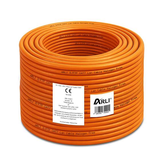ARLI CAT 7 Verlegekabel duplex 100m Netzwerkkabel CAT.7 twin LAN Halogenfrei Installationskabel SFTP CAT7 PIMF Kabel Netzwerk Verkabelung Datenkabel AWG23/1 Gigabit Kupfer Ethernet Klasse F 100 m