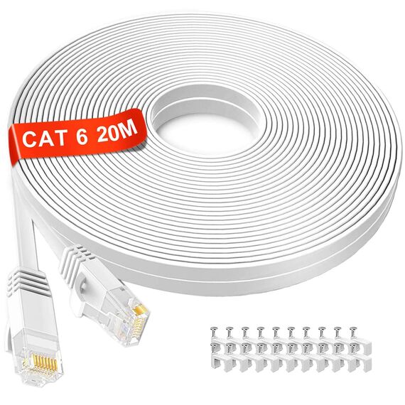 LAN Kabel 20 meter weiß, Flach Netzwerkkabel 20m, Hochgeschwindigkeits Ethernet Kable 20m, Gigabit Internet Kabel 1000Mbps 250Mhz, Cat6 Weiss RJ45 Patchkabel für Router, Switch, Modem, PS5, PS4