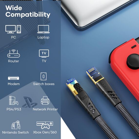 NORSHY Cat 8 LAN Kabel, 40Gbps Netzwerkkabel 2000MHz Gigabit Hochgeschwindigkeits Internetkabel, Flach S/FTP RJ45 Kabel Geflochtener Patchkabel für PS5/PS4, Switch,TV, PC, Modem, Router