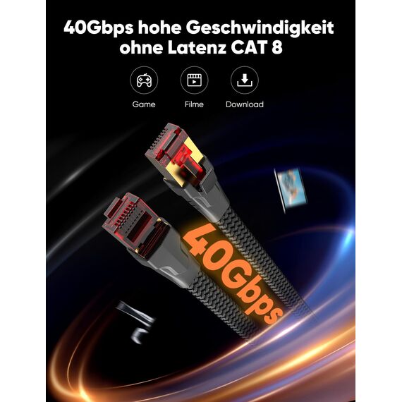 SNOWKIDS Cat 8 LAN kabel 25m, 40Gbps LAN Kabel Hochgeschwindigkeits 2000MHz S/FTP Ethernet Kabel Gigabit RJ45 Nylon geflochtener Vergoldeter Patchkabel für PS5/4 Router Modem TV Switch Laptop