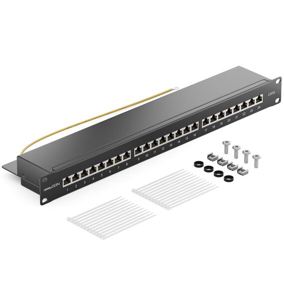 deleyCON CAT 6 Patchpanel Verteilerfeld 24 Port - Desktop 19" Zoll Rackeinbau Servermontage - RJ45 - Geschirmt - TIA568A TIA568B Schwarz