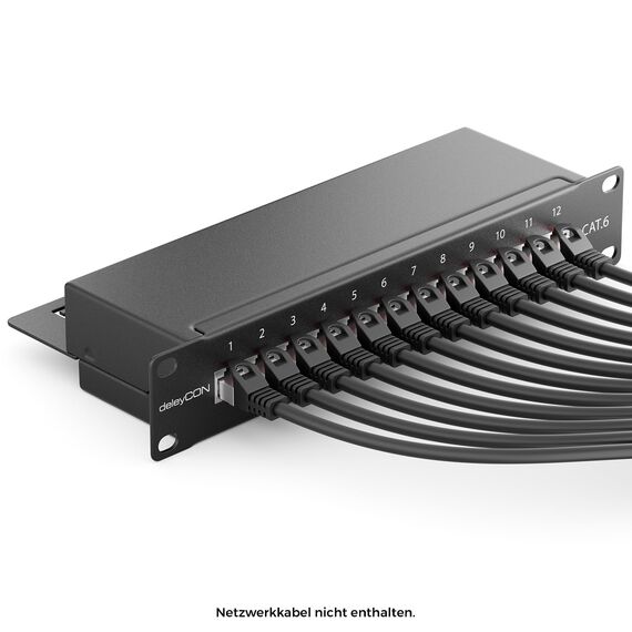 deleyCON CAT 6 Patchpanel Verteilerfeld 12 Port - Desktop 10" Zoll Rackeinbau Servermontage - RJ45 - Geschirmt - TIA568A TIA568B Schwarz