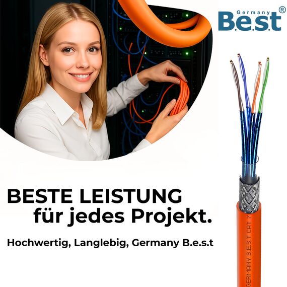 Germany B.e.s.t CAT 7 50M Duplex Netzwerkkabel Verlegekabel Kupfer LAN Kabel Ethernetkabel S/FTP 10 Gbit/s Kat 7 reines Kupfer Datenkabel PoE+ LSZH Datenkabel