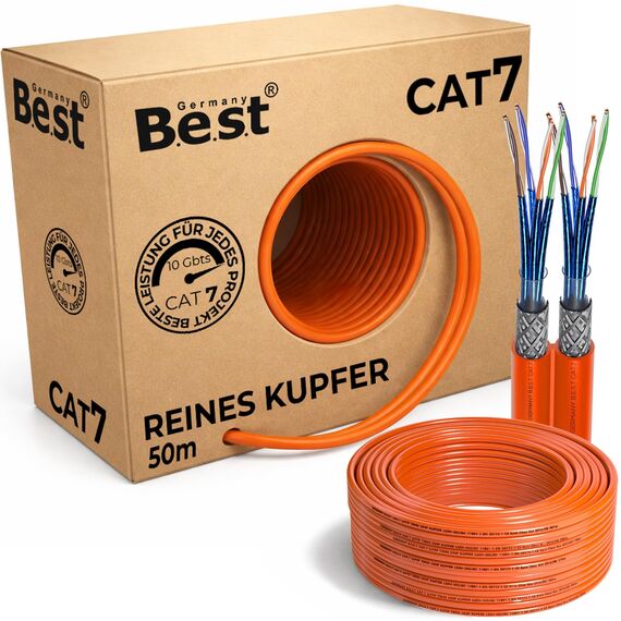 Germany B.e.s.t CAT 7 50M Duplex Netzwerkkabel Verlegekabel Kupfer LAN Kabel Ethernetkabel S/FTP 10 Gbit/s Kat 7 reines Kupfer Datenkabel PoE+ LSZH Datenkabel