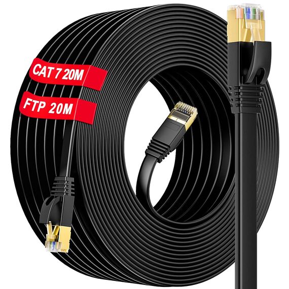 LAN Kabel 20m Cat 7 Netzwerkkabel 20 Meter Flach Patchkabel Outdoor Gigabit 10Gbps 600MHz Hochgeschwindigkeits S/FTP PIMF Schirmung mit RJ45 Stecker Ethernet Kabel für Switch Router Modem (20 Clips)