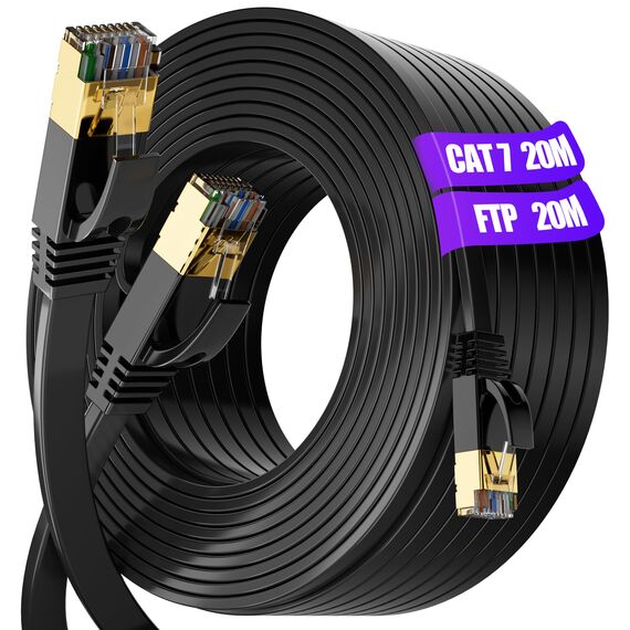 Cat 7 20m Netzwerkkabel, LAN Kabel 20meter Flach Patchkabel Outdoor Indoor, Gigabit CAT7 Hochgeschwindigkeits S/FTP PIMF Schirmung mit RJ45 Stecker Ethernet Kabel für Switch Router Modem (20 Clips)