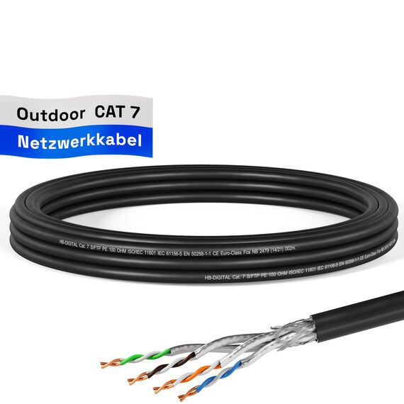 HB-DIGITAL 5m Cat 7 LAN Kabel Netzwerkkabel Verlegekabel Outdoor AWG23 FTP doppelt geschirmt PIMF Reines Kupfer 1000MHz/10Gbits Netzwerk Installation Ethernet Datenkabel für Außenbereich - Schwarz